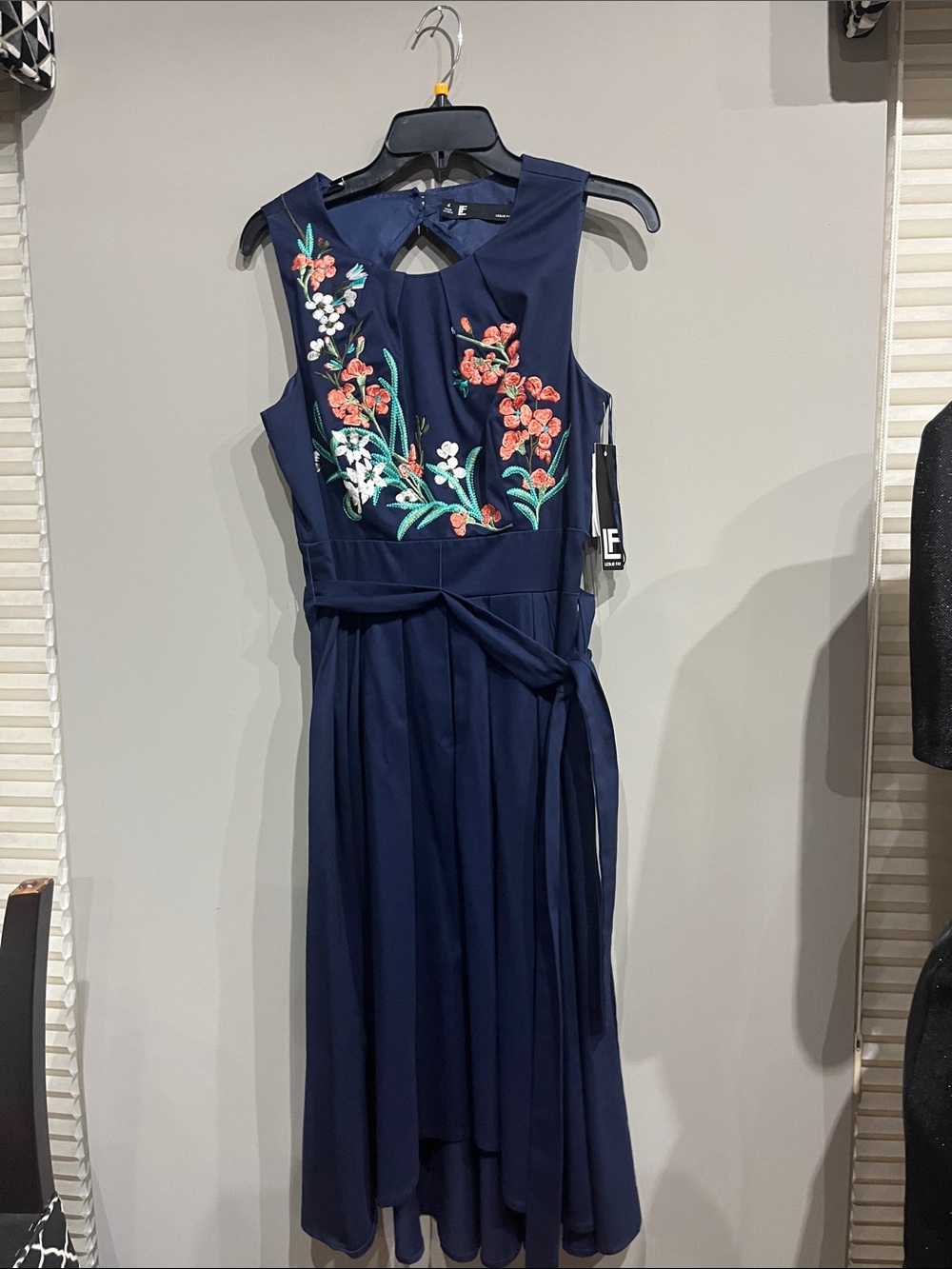 Leslie Fay Navy Midi Dress with Coral & White Floral Embroidery